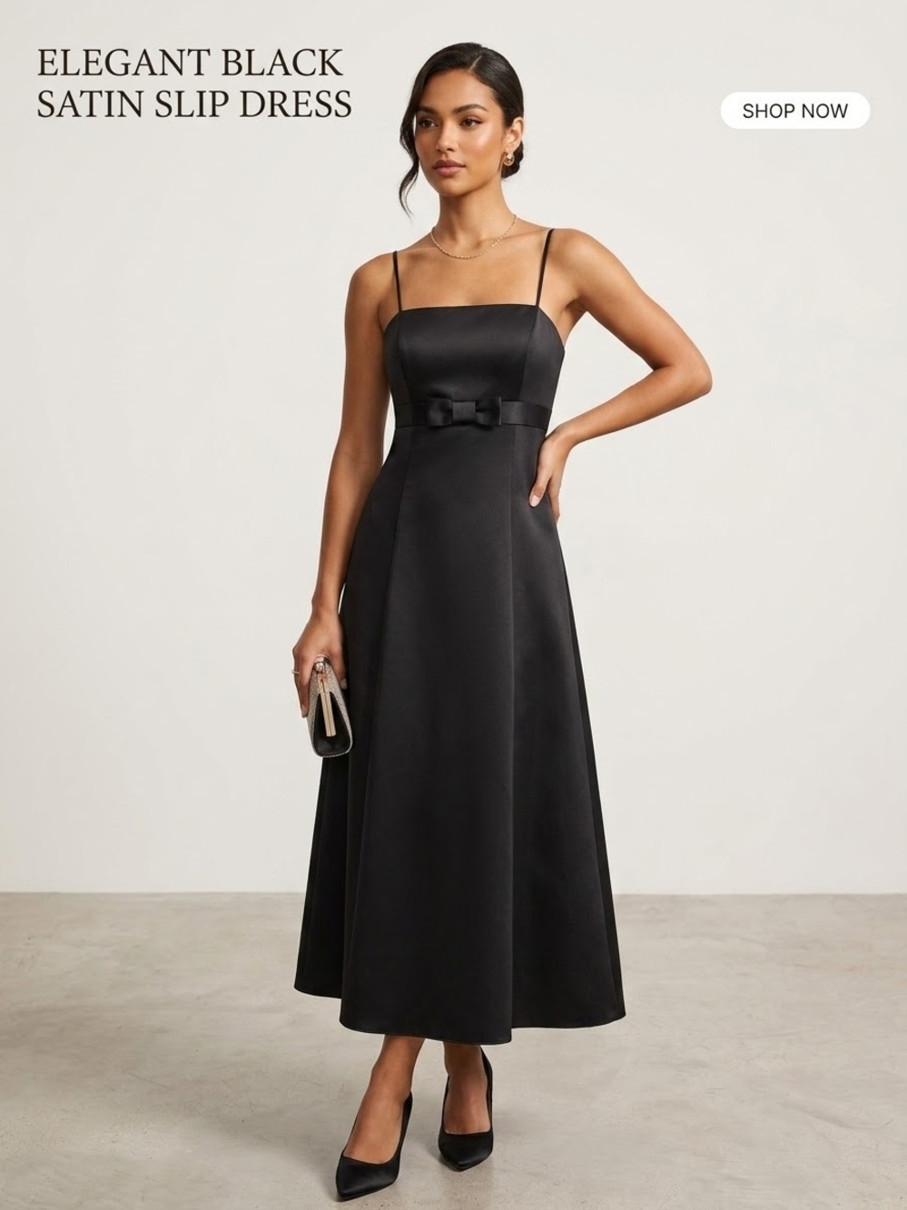 David's Bridal Black Satin A-Line Slip Dress with Bow